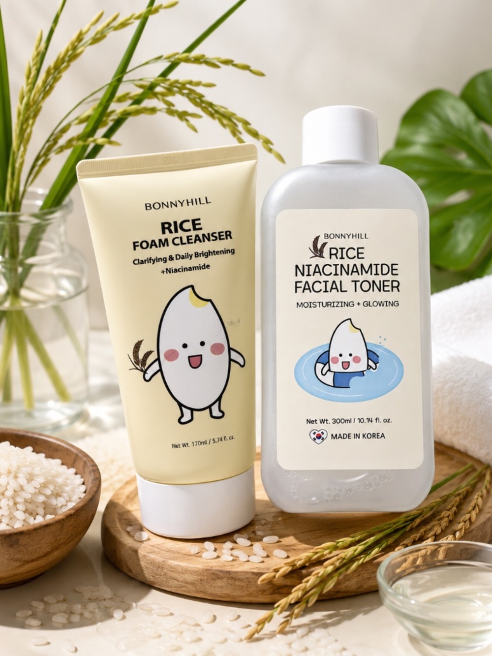 BONNYHILL Rice Foam Cleanser & Niacinamide Facial Toner Bundle Korean K-Beauty